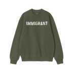 Red crewneck Immigrant Hoodie & Sweatshirt with distressed IMMIGRANT text, symbolizing activism and solidarity, perfect for u