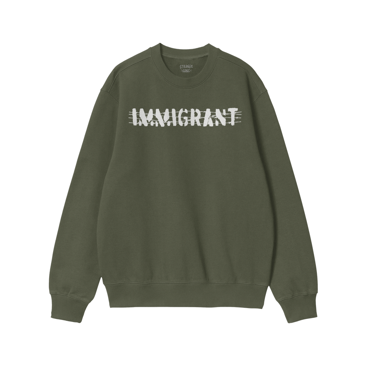 Red crewneck Immigrant Hoodie & Sweatshirt with distressed IMMIGRANT text, symbolizing activism and solidarity, perfect for u