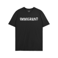 Immigrant T-shirt featuring bold white stencil lettering crossed with barbed-wire design, symbolizing resilience and solidari