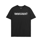 Immigrant T-shirt featuring bold white stencil lettering crossed with barbed-wire design, symbolizing resilience and solidari