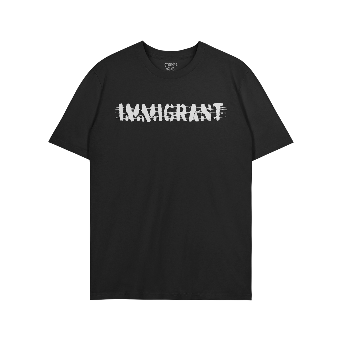 Immigrant T-shirt featuring bold white stencil lettering crossed with barbed-wire design, symbolizing resilience and solidari
