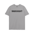 Heather-gray Immigrant T-shirt with distressed black “IMMIGRANT” graphic, resembling barbed wire, symbolizing resilience 