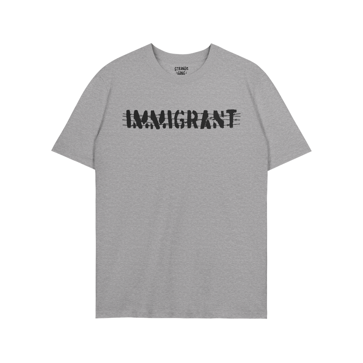 Heather-gray Immigrant T-shirt with distressed black “IMMIGRANT” graphic, resembling barbed wire, symbolizing resilience 