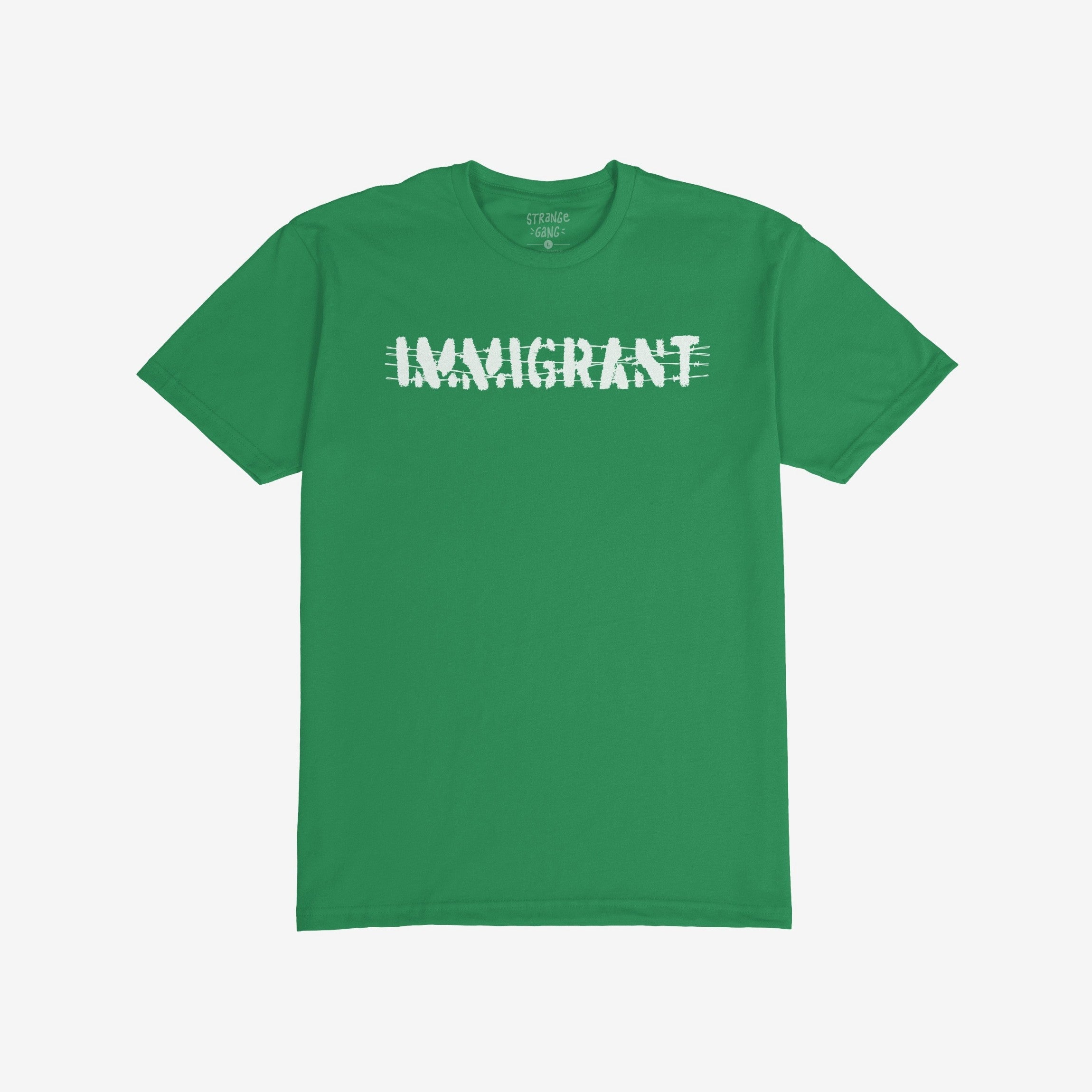 Immigrant T-shirt featuring bold white lettering crossed by barbed-wire graphic, symbolizing resilience and solidarity. Ideal for showcasing support for immigrant rights and activism in everyday settings.