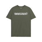Immigrant T-shirt featuring bold white lettering crossed by barbed-wire graphic, symbolizing resilience and solidarity. Ideal