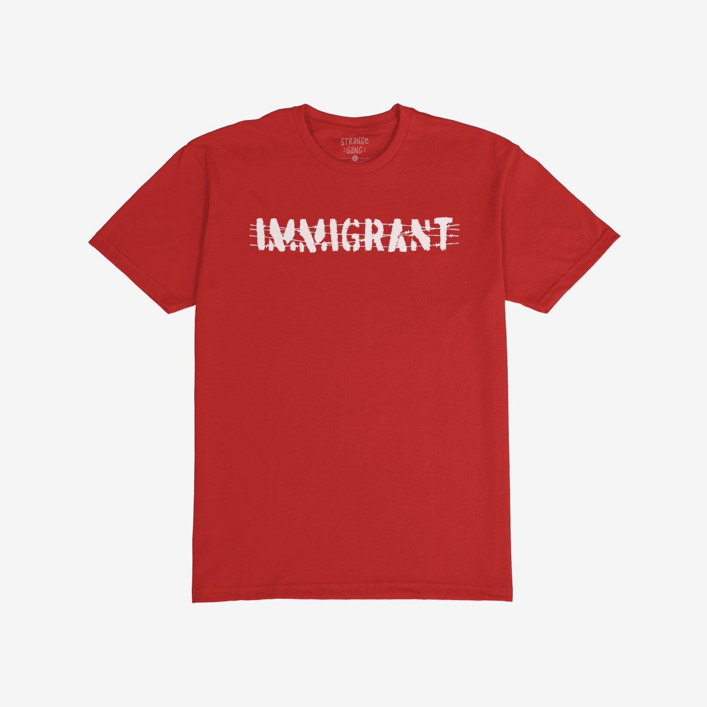 Immigrant T-shirt featuring distressed white lettering crossed out by horizontal bars, symbolizing resilience and solidarity with immigrant communities. Perfect for rallies, classrooms, and daily wear to advocate for justice and rights.