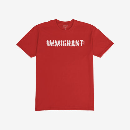 Immigrant T-shirt featuring distressed white lettering crossed out by horizontal bars, symbolizing resilience and solidarity with immigrant communities. Perfect for rallies, classrooms, and daily wear to advocate for justice and rights.