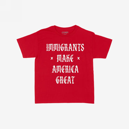 Immigrants Make America Great Women's Baby Tee features bold white Gothic-style lettering on a red cropped T-shirt, symbolizing resistance and pride against xenophobia and supporting equality.