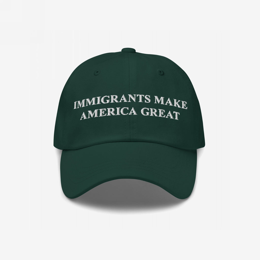 Immigrants Make America Great Hat featuring bold white embroidery on a six-panel cap, symbolizing support for immigrant communities. Perfect for daily wear or protests, aligning with values of equality and anti-racism.