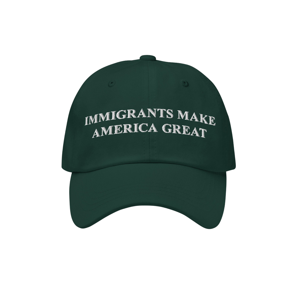 Immigrants Make America Great Hat featuring bold white embroidery on a six-panel cap, symbolizing support for immigrant commu