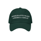 Immigrants Make America Great Hat featuring bold white embroidery on a six-panel cap, symbolizing support for immigrant commu