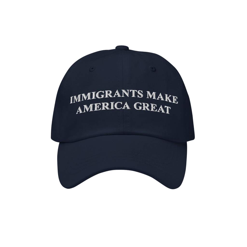 Immigrants Make America Great Hat showcasing bold white embroidery, symbolizes support for immigrant communities. Ideal for d