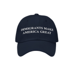 Immigrants Make America Great Hat showcasing bold white embroidery, symbolizes support for immigrant communities. Ideal for d