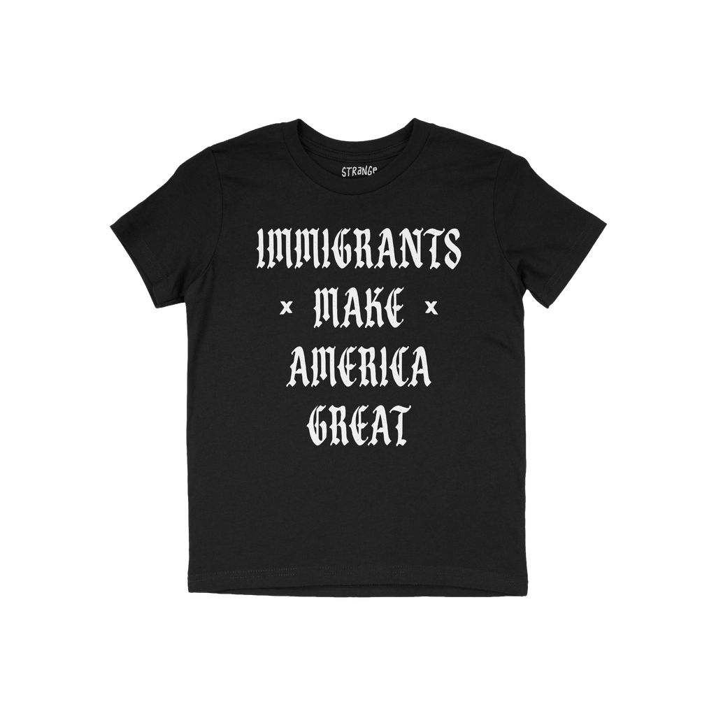 Immigrants Make America Great Shirt featuring bold Old English lettering, symbolizing protest and unity against injustice, la