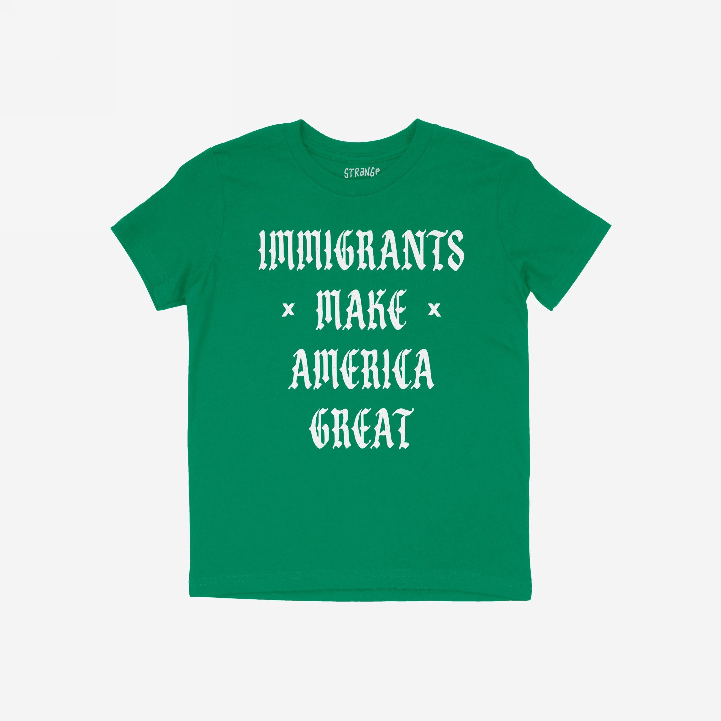 Immigrants Make America Great Shirt featuring white Gothic lettering highlights a powerful message supporting immigrant rights and justice, aligning with an ethos of anti-racism and equality.