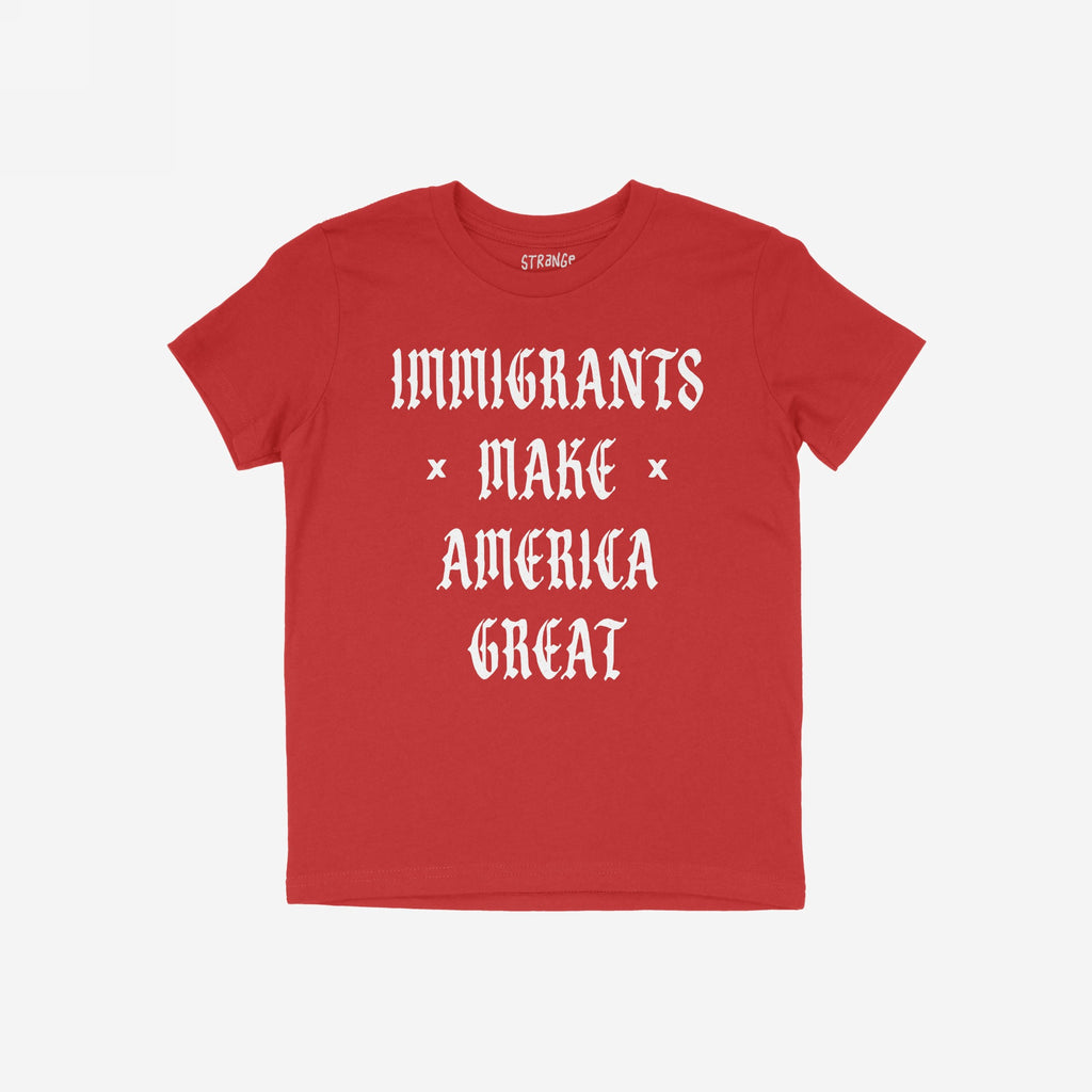 Red T-shirt with white Old English-style lettering saying “IMMIGRANTS MAKE AMERICA GREAT”, advocating for justice and equality. Perfect for protests or daily wear, supporting the Immigrant Legal Resource Center.