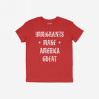 Red T-shirt with white Old English-style lettering saying “IMMIGRANTS MAKE AMERICA GREAT”, advocating for justice and equality. Perfect for protests or daily wear, supporting the Immigrant Legal Resource Center.
