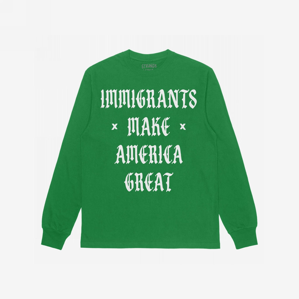 The Immigrants Make America Great shirt features a bold white Old English-style slogan on the front, embodying protest-ready style against nationalist fear, supporting dignity and justice for immigrants.
