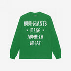 The Immigrants Make America Great shirt features a bold white Old English-style slogan on the front, embodying protest-ready style against nationalist fear, supporting dignity and justice for immigrants.