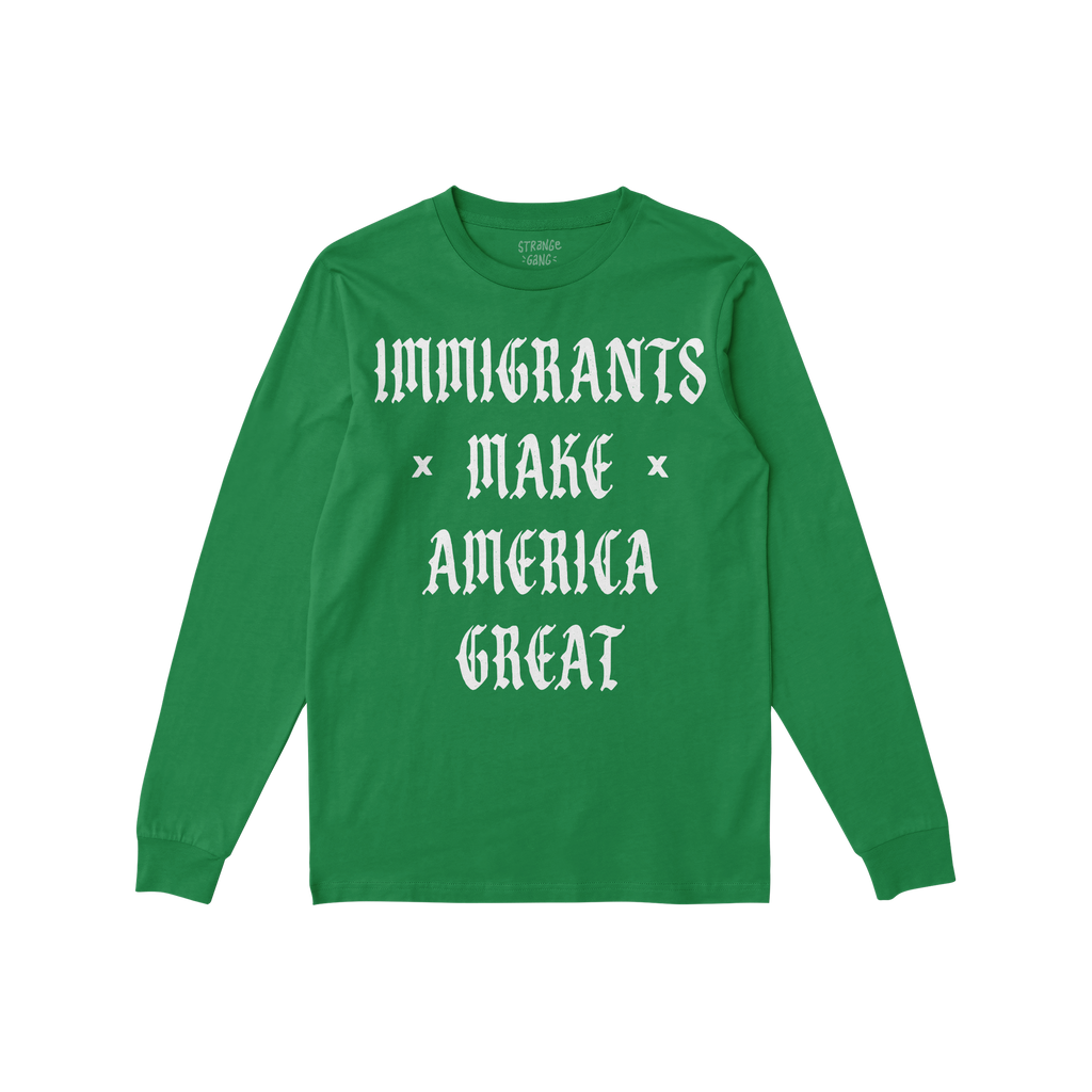 The Immigrants Make America Great shirt features a bold white Old English-style slogan on the front, embodying protest-ready 