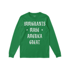 The Immigrants Make America Great shirt features a bold white Old English-style slogan on the front, embodying protest-ready 
