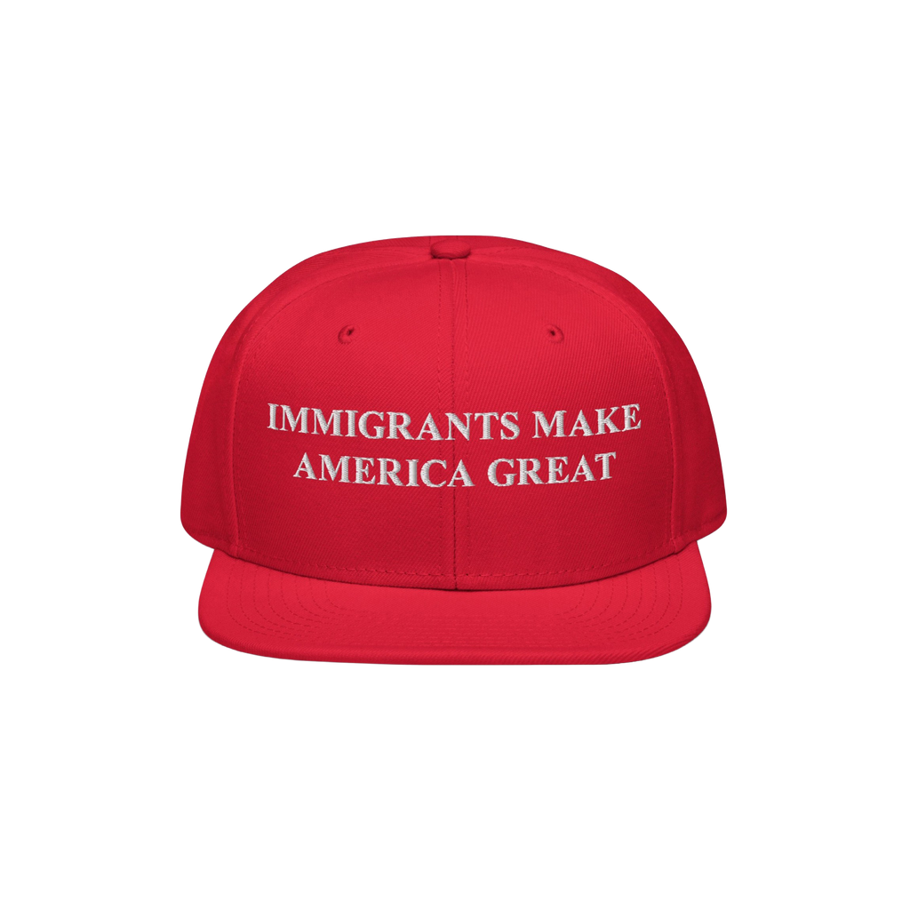 Immigrants Make America Great Hat featuring bold white embroidery on a flat-brimmed cap, symbolizing solidarity and advocacy 