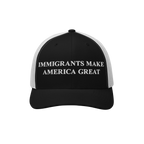Immigrants Make America Great Hat with bold white embroidery on a two-tone, trucker-style cap. Perfect for daily wear or prot