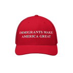 Immigrants Make America Great Hat features bold white embroidery on a red trucker cap, symbolizing solidarity with immigrant 