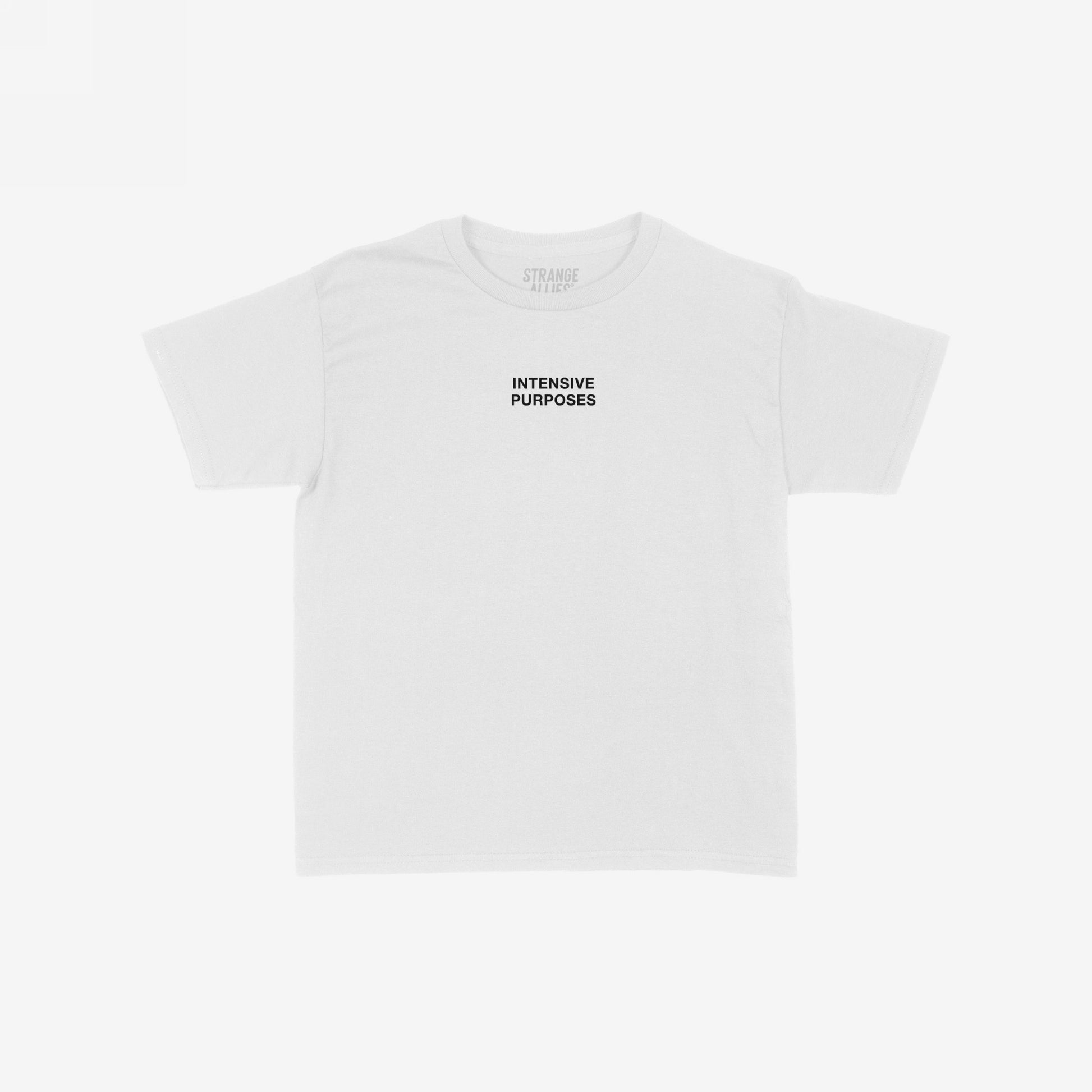 Intensive Purposes Women's Baby Tee featuring a minimalist design with INTENSIVE PURPOSES in black lettering on white, capturing playful defiance for those who embrace unique expressions confidently.