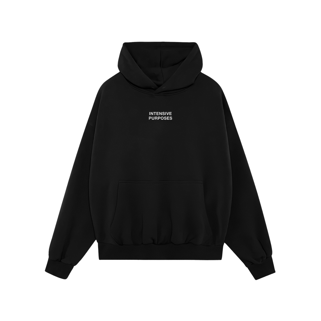 Intensive Purposes Hoodie & Sweatshirt featuring INTENSIVE PURPOSES text, black pullover with kangaroo pocket, drawstring hoo
