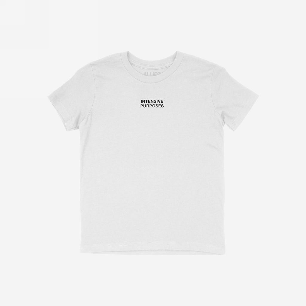 Intensive Purposes T-shirt featuring bold black text on the chest, capturing a playful linguistic twist, perfect for those embracing humor in language mishaps.