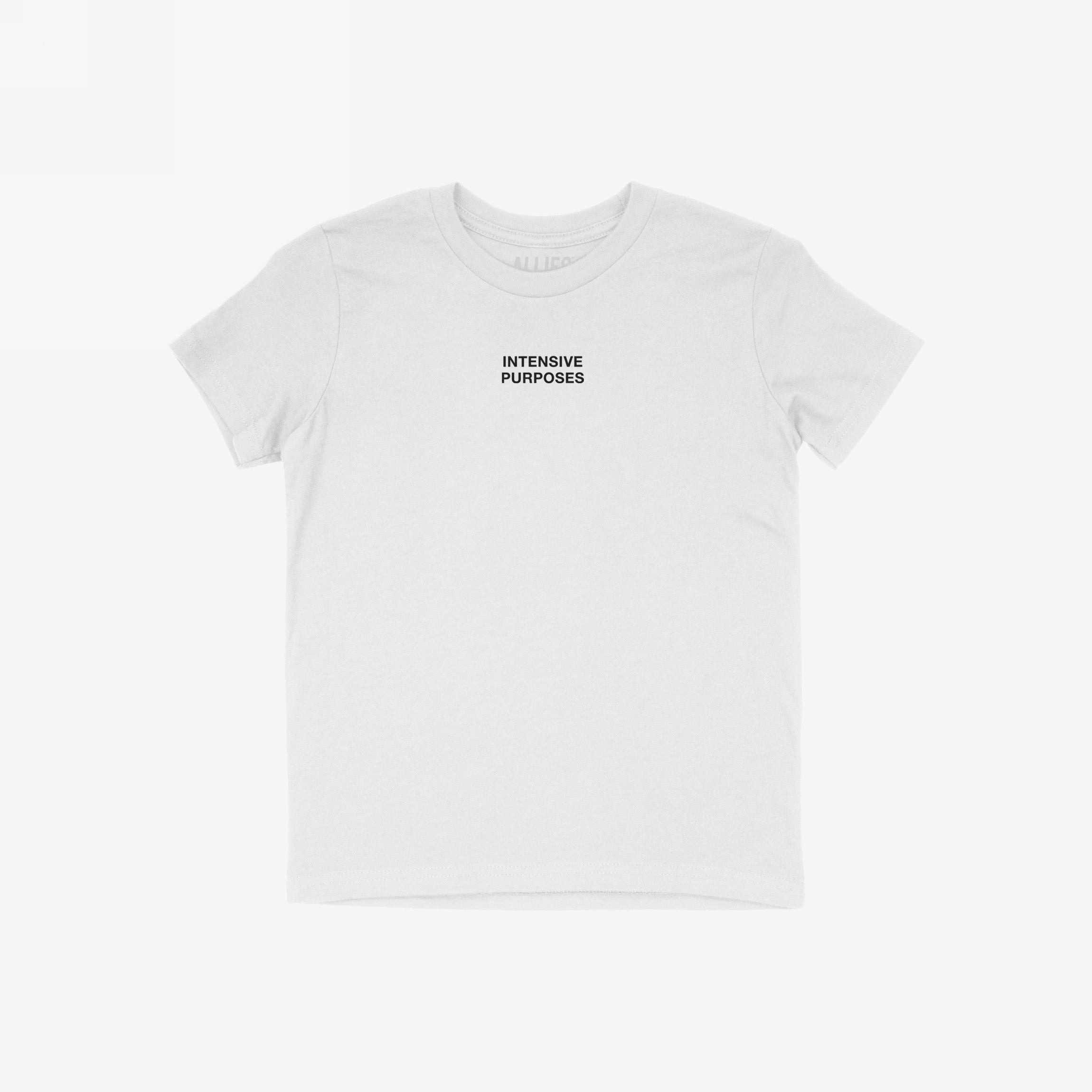 Intensive Purposes T-shirt featuring bold black text on the chest, capturing a playful linguistic twist, perfect for those embracing humor in language mishaps.