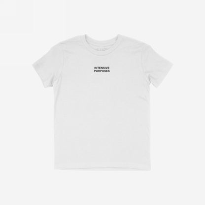 Intensive Purposes T-shirt featuring bold black text on the chest, capturing a playful linguistic twist, perfect for those embracing humor in language mishaps.