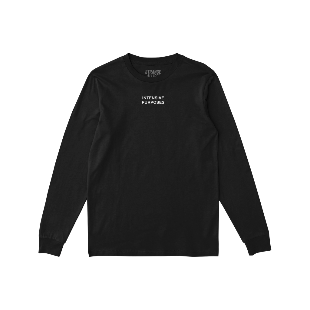 Intensive Purposes T-shirt by Strange Allies features bold white text humorously misquoting a common phrase, perfect for thos