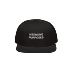 Intensive Purposes Hat: A black flat-brim snapback cap featuring INTENSIVE PURPOSES embroidered in white on the front, embody
