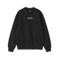 Black crewneck sweatshirt, INTENSIVE PURPOSES in white letters on chest, by ALLIES. Celebrates malapropisms with humor and wa