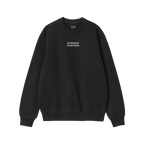 Black crewneck sweatshirt, INTENSIVE PURPOSES in white letters on chest, by ALLIES. Celebrates malapropisms with humor and wa