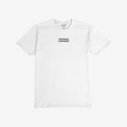 Intensive Purposes T-shirt: White tee with “INTENSIVE PURPOSES” in black, all-caps text. Embrace linguistic humor and proudly wear this cheeky statement piece celebrating perfectly imperfect English.
