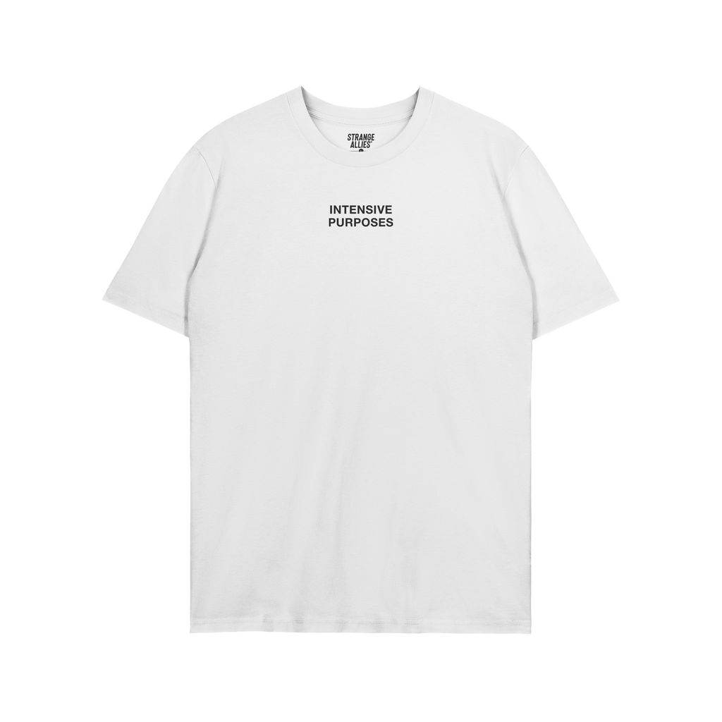 Intensive Purposes T-shirt: White tee with “INTENSIVE PURPOSES” in black, all-caps text. Embrace linguistic humor and pro