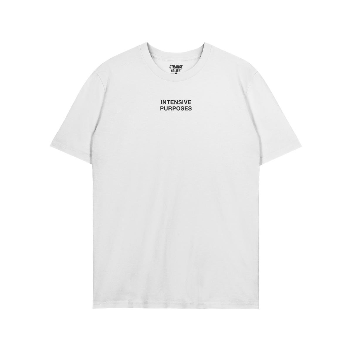 Intensive Purposes T-shirt: White tee with “INTENSIVE PURPOSES” in black, all-caps text. Embrace linguistic humor and pro