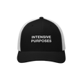 The Intensive Purposes Hat showcases a black-and-white mesh trucker cap with “INTENSIVE PURPOSES” embroidered in white, i