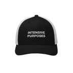 The Intensive Purposes Hat showcases a black-and-white mesh trucker cap with “INTENSIVE PURPOSES” embroidered in white, i