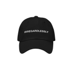 The Irregardlessly Hat features a black baseball-style cap with IRREGARDLESSLY embroidered in white, embodying a playful nod 
