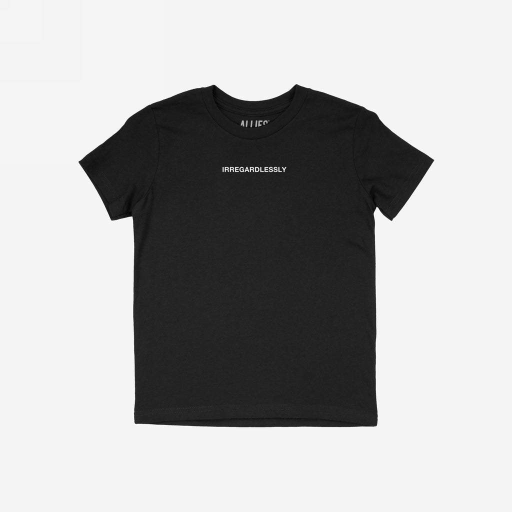Irregardlessly T-shirt featuring bold, ironic text on a plain black short-sleeve crewneck. Perfect for fans of wordplay and humor, this shirt playfully challenges grammar norms and embraces lexical chaos.