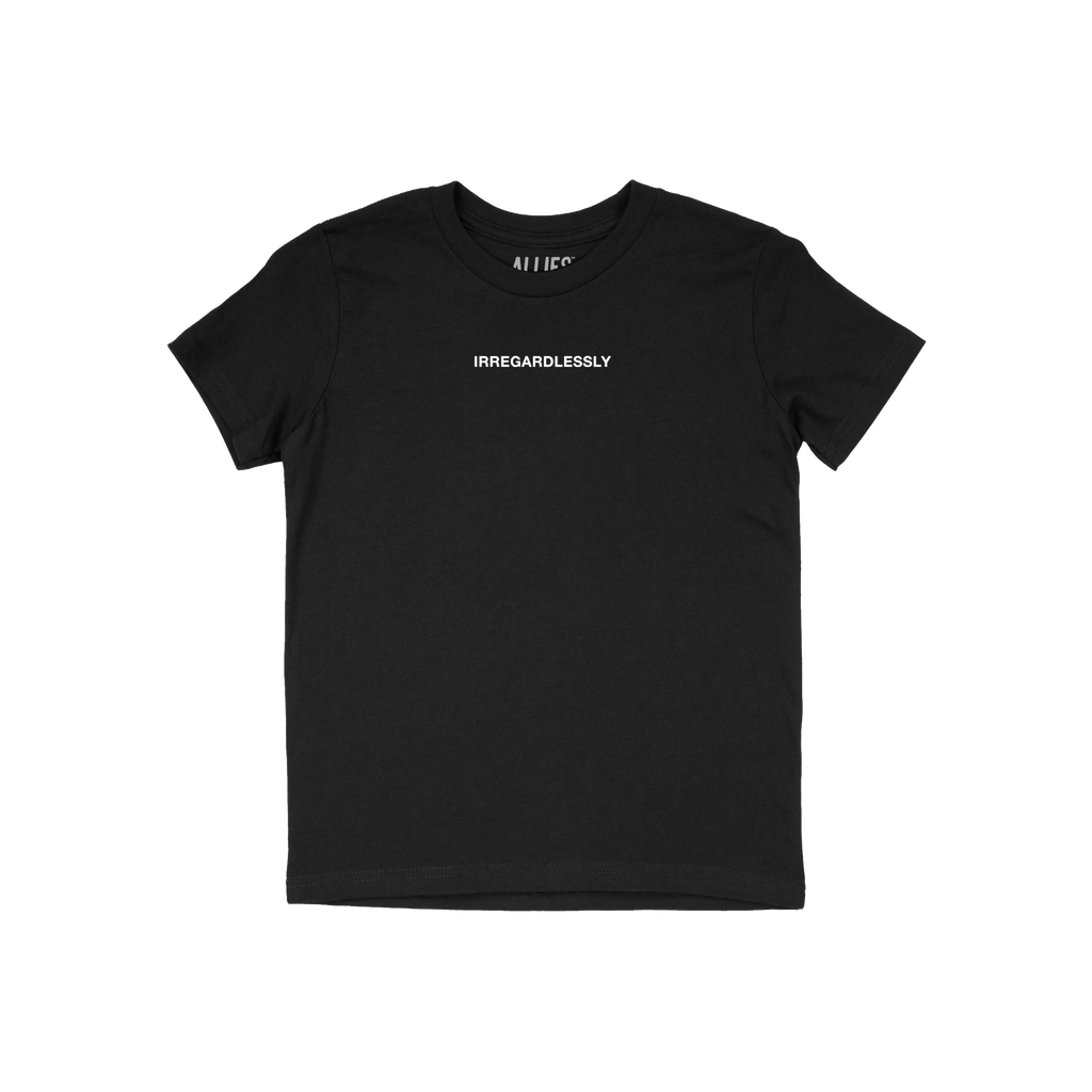 Irregardlessly T-shirt featuring bold, ironic text on a plain black short-sleeve crewneck. Perfect for fans of wordplay and h