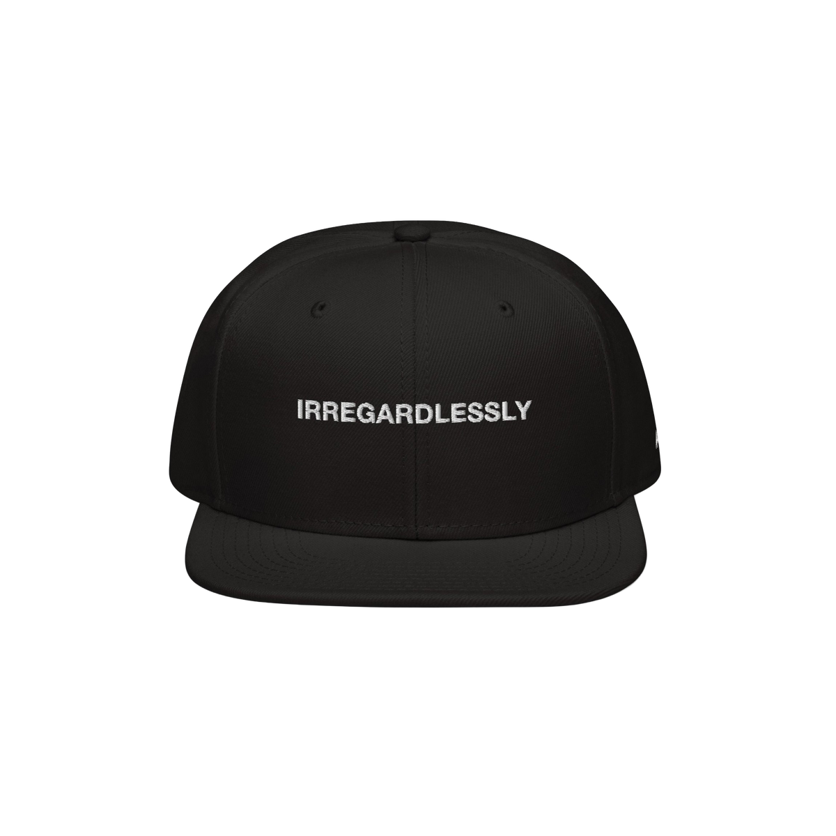 Black Irregardlessly Hat with white embroidery, ideal for language rebels. A bold statement piece from a store supporting equ