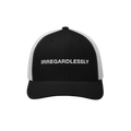 Irregardlessly Hat: A black-and-white trucker cap with IRREGARDLESSLY embroidered on the front, blending humor and defiance, 