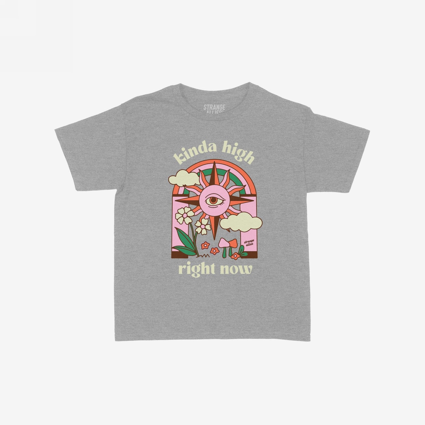 The Kinda High Women's Baby Tee features a retro graphic with a sun, rainbow, clouds, and mushrooms, embodying playful vibes. The phrases kinda high and right now accompany the art.