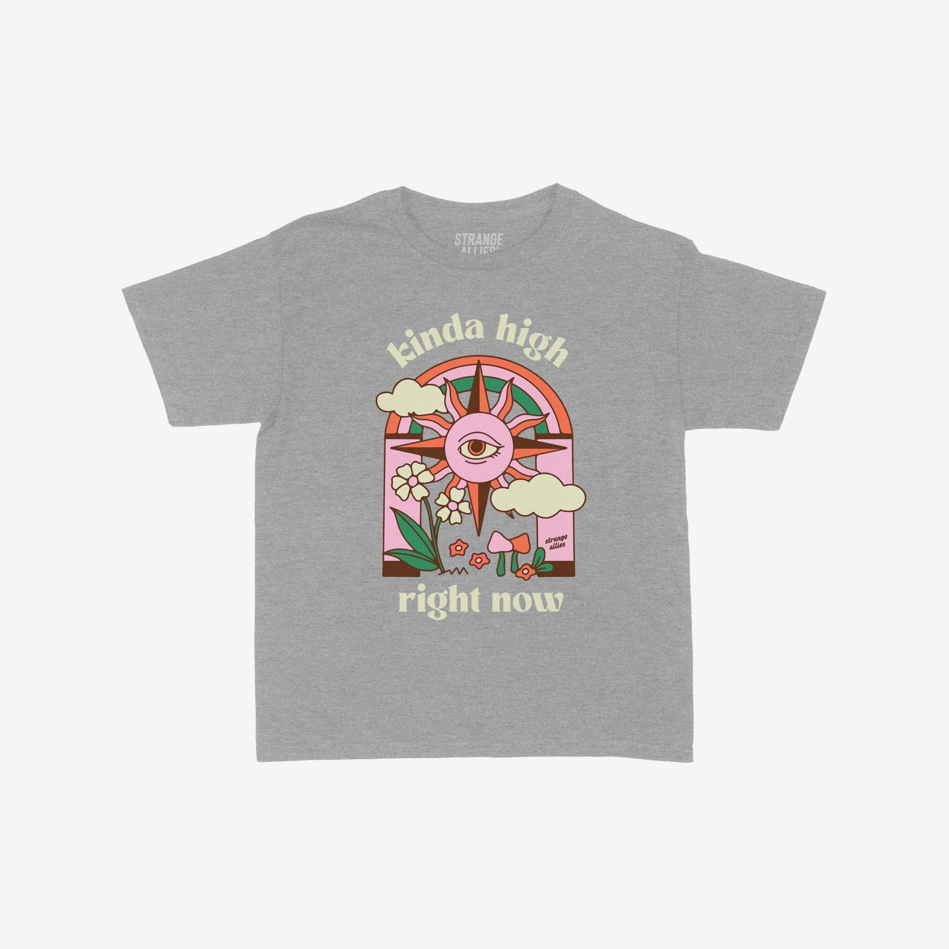 The Kinda High Women's Baby Tee features a retro graphic with a sun, rainbow, clouds, and mushrooms, embodying playful vibes. The phrases kinda high and right now accompany the art.