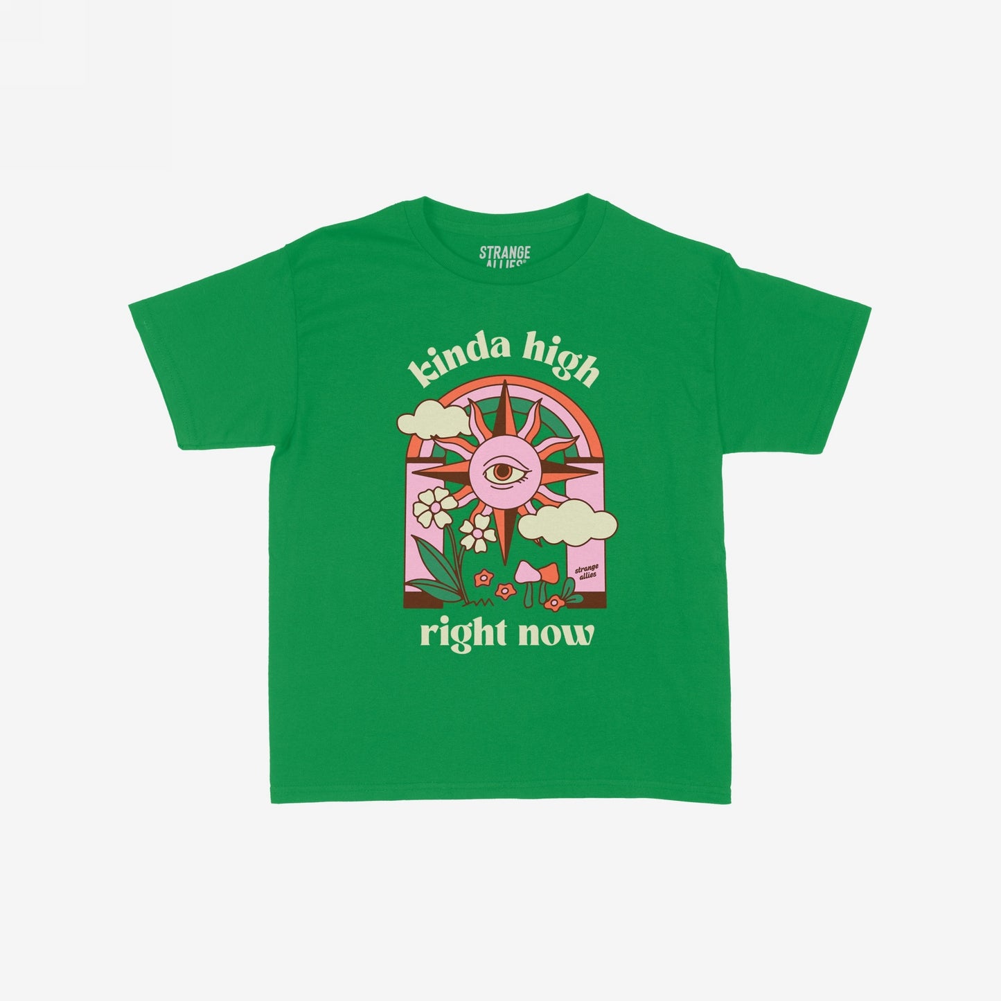Kinda High Women's Baby Tee with retro-psychedelic graphic: arched design featuring a stylized sun with an all-seeing eye, puffy clouds, flowers, and mushroom, with kinda high and right now text accents.